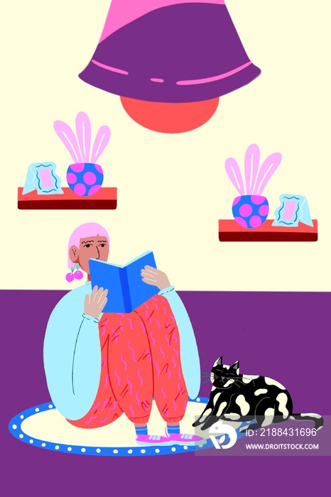 深色女人粉红色短发在宠物的陪伴下坐在地板上看书