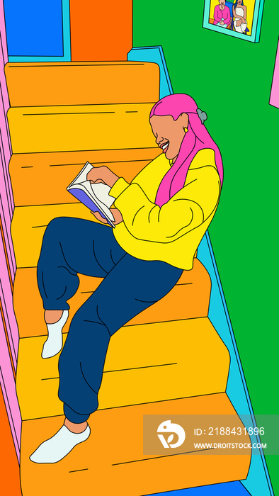 Girl with long hair sitting on the stairs reading a book