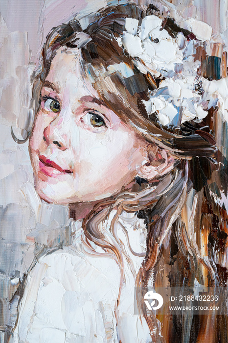 艺术绘画。一个红唇女孩的肖像画采用经典风格。背景为灰色。