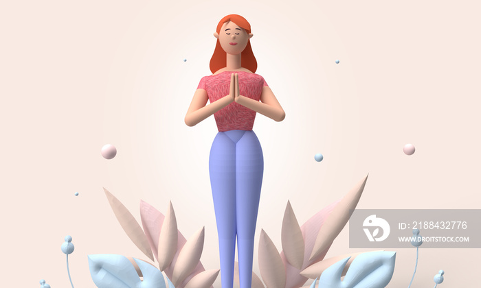 Illustration 3D dune jeune femme faisant du yoga. posture zen. posture méditation. Ambiance zen. bi