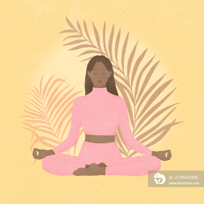 young dark skinned woman practicing meditation and mindfulness on palm leaves background