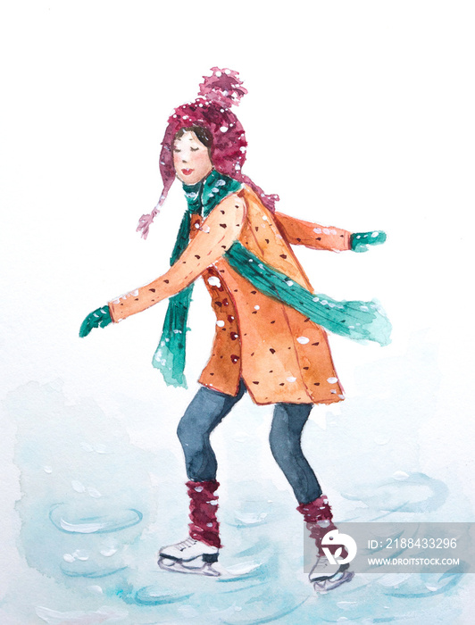 The girl skates on the rink watercolor