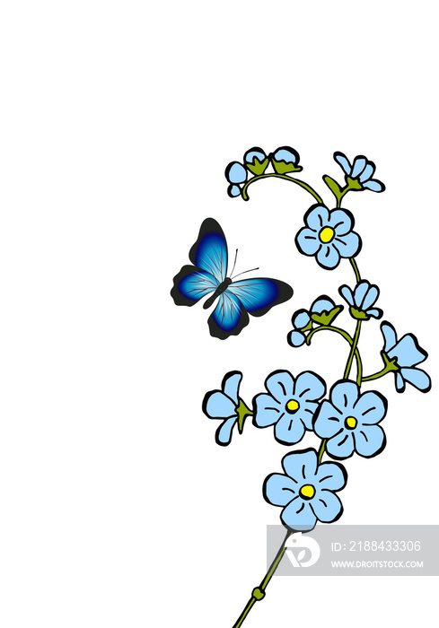 Pattern for postcard with place for text with Forget me not flowers and blue butterfly. Doodle art.