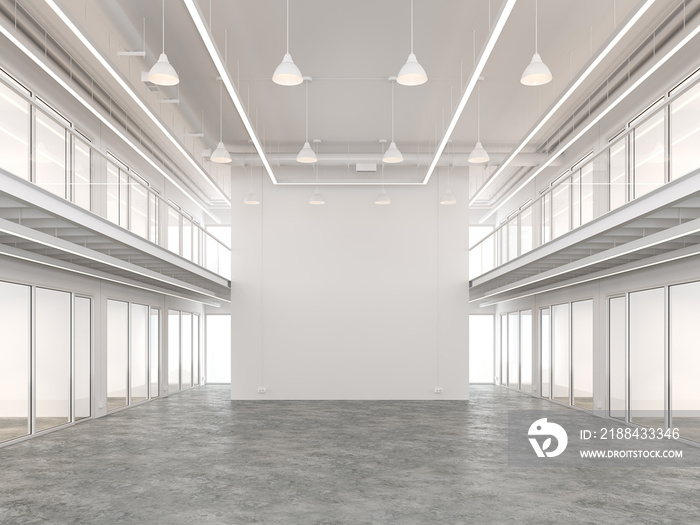 空阁楼风格的商业空间内部采用白色和抛光混凝土地板进行三维渲染。