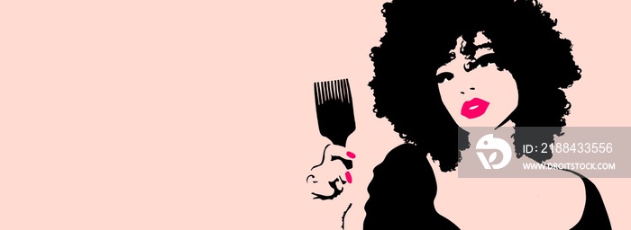 Beauty illustration of a black woman combing her afro hair with a big comb.