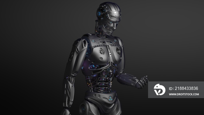 3D渲染未来主义机器人人在灰色背景上看着他的手