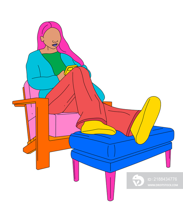 Nervous girl texting on a chair with her legs up