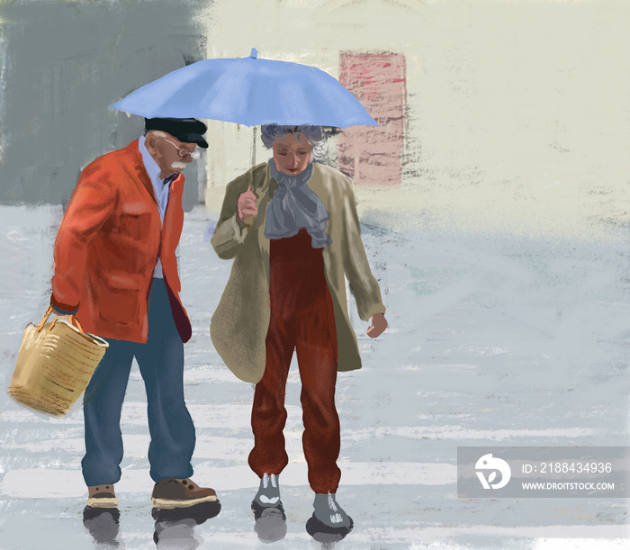 freehand drawing illustration family elderly couple in paris under a blue umbrella in the rain