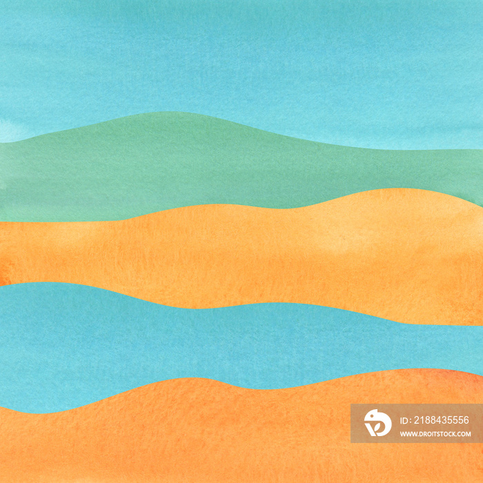 Abstract watercolor landscape, Vacation summertime mood with orange and turquoise waves