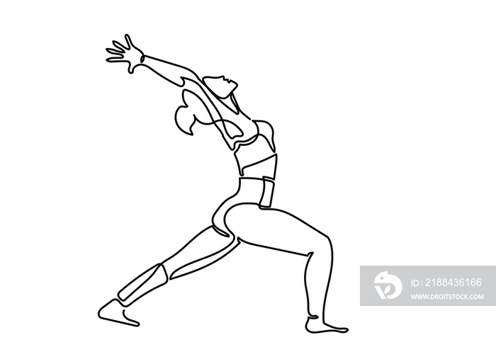 Continuous one or single line drawing. Woman doing exercise in yoga,