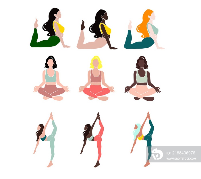 Set Young girl yoga posing. Flat style illustration. American-African wonem, azia women