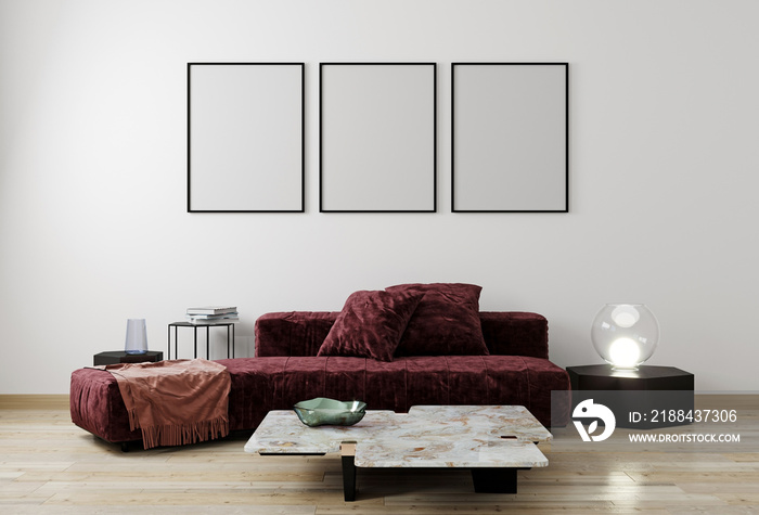 白色墙壁上的实体海报，红色，复古现代家具，简约设计，3d渲染