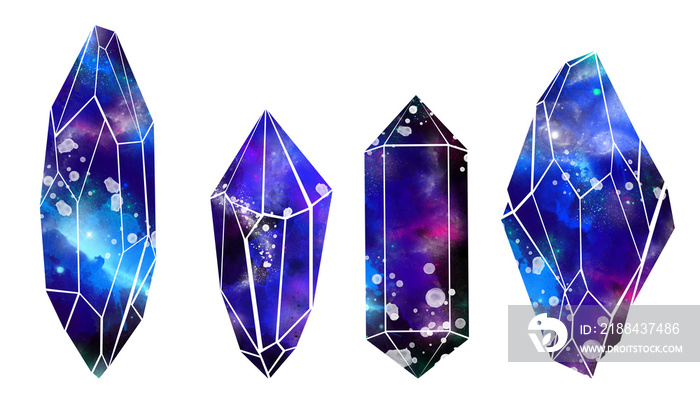 Abstract watercolor crystal gems set. Cosmic diamonds