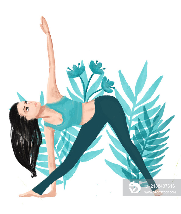Illustration of a young woman with long hair doing yoga (triangle pose )