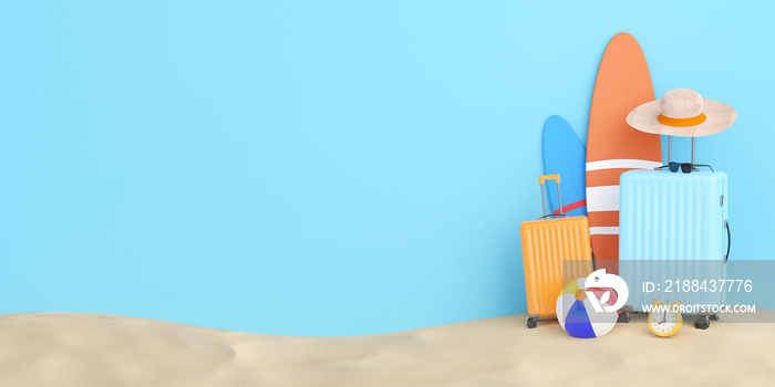 Suitcase with travel accessories and surfboard, summer concept, 3d illustration