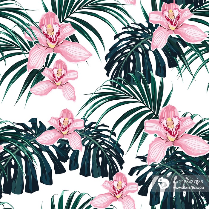 Seamless tropical pattern, vivid tropic foliage, with monstera leaf, palm leaves, pink orchid flower