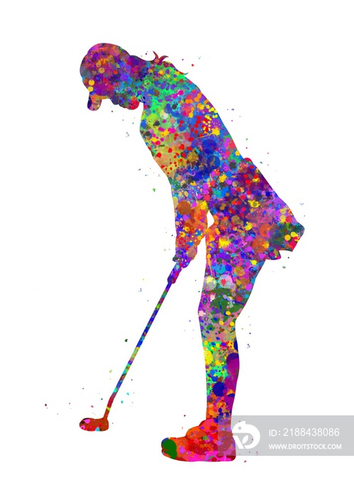 Female golfer watercolor art, abstract painting. sport art print, watercolor illustration rainbow, c