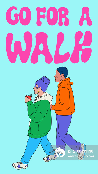 Go for a walk phrase with boy and girl walking (blue background)