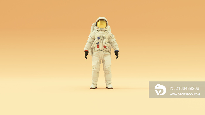 宇航员，带金色护目镜和白色太空服，暖奶油色背景，带暖漫射照明