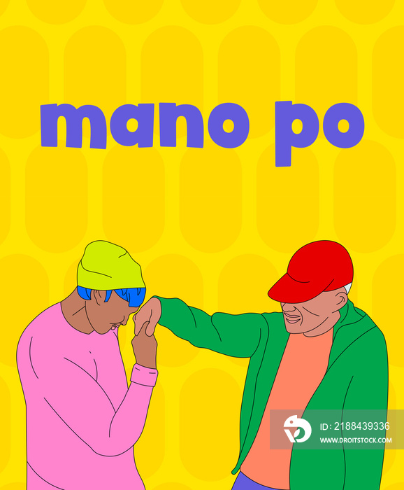 Lolo/ grandpa giving a Filipino blessing (mano po) to a boy with text on a yellow patterned backgrou