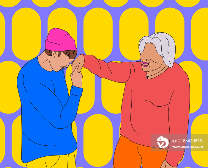 Lola/ grandma giving a Filipino blessing (mano po) to a boy on a purple and yellow patterned backgro