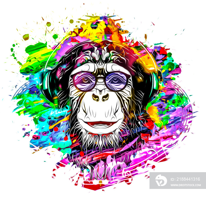 彩色艺术猴子戴着眼镜，白色背景上有彩色油漆飞溅。