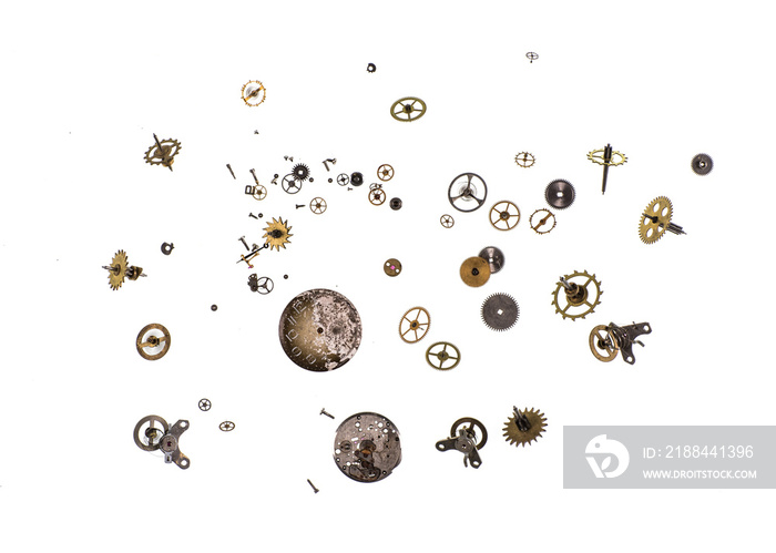 parts of clock mechanism on  white background