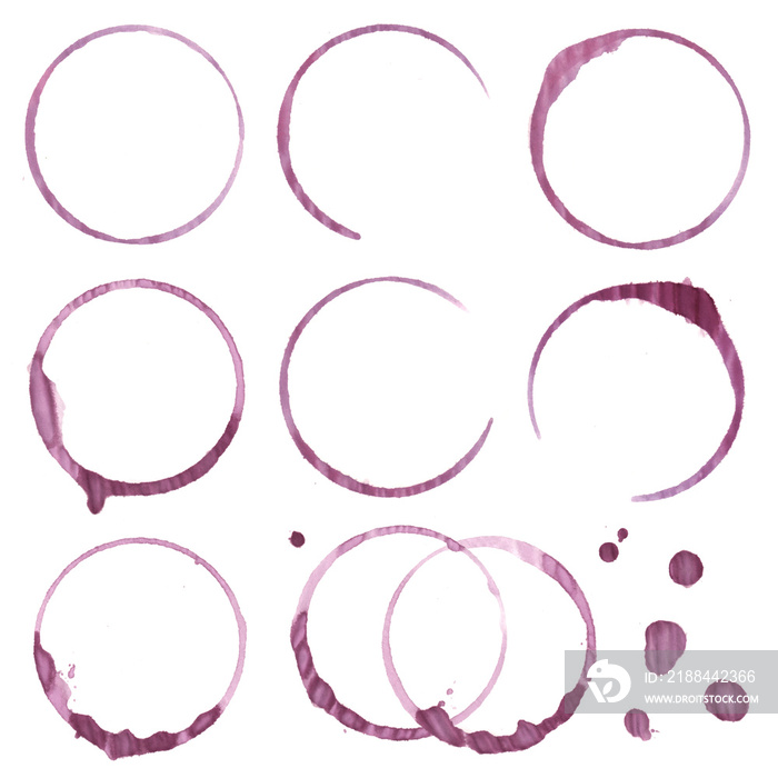 Different red wine stains rings traces from wine glasses