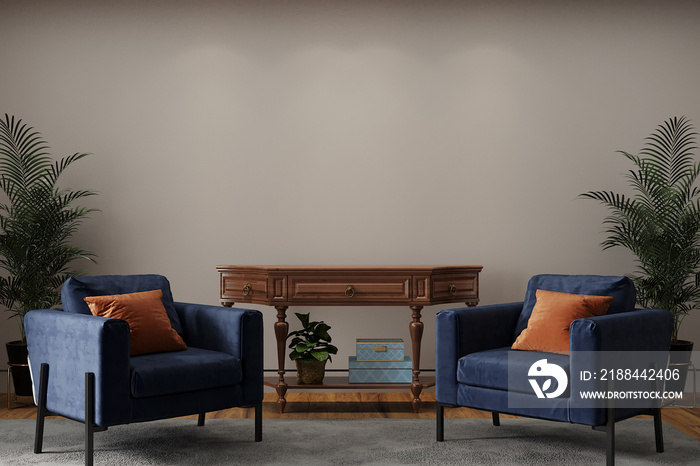 现代客厅，配有蓝色扶手椅和橙色枕头，3d渲染