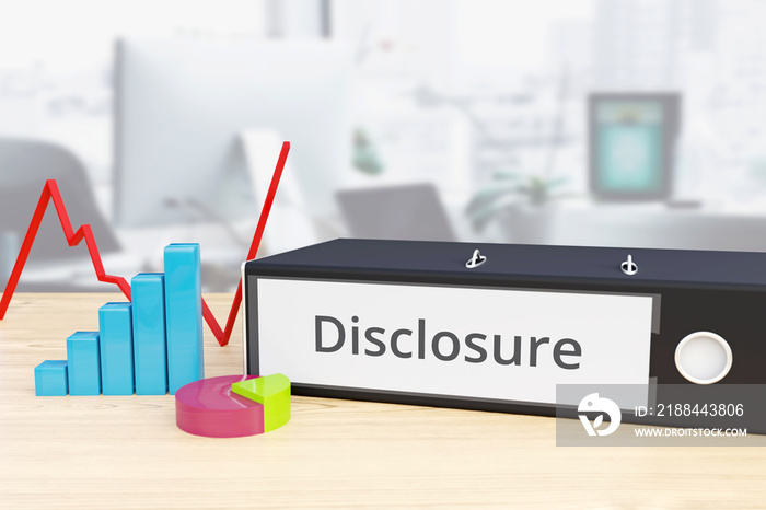 Disclosure – Finance/Economy. Folder on desk with label beside diagrams. Business/statistics. 3d ren