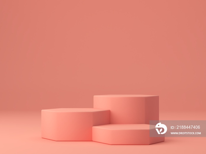 Pink coral shapes on a coral abstract background. Minimal boxes and geometric podium. Scene with geo