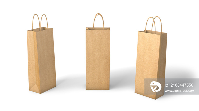 Kraft paper bag for bottles. Mockup Template Isolated On White Background. 3d render