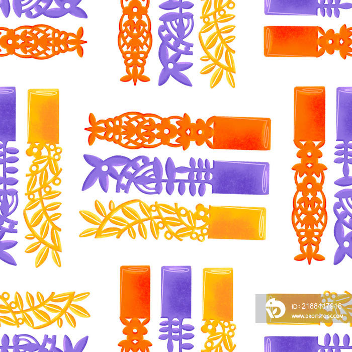 Filipino pastillas candy with handcut paper wrapper in orange, purple, and yellow, grid illustrated 