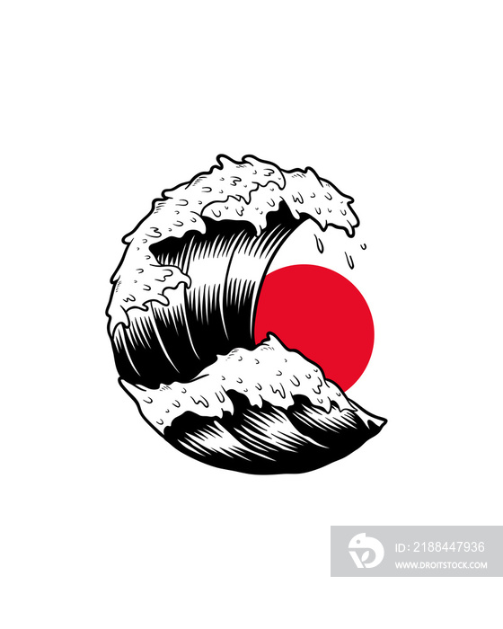 Japanese sun & wave wall art print and poster.