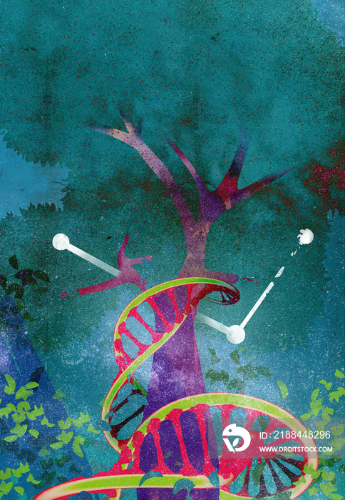 A DNA string growing surronding a tree with a line graph. A DNA string and a tree depicting life, wh