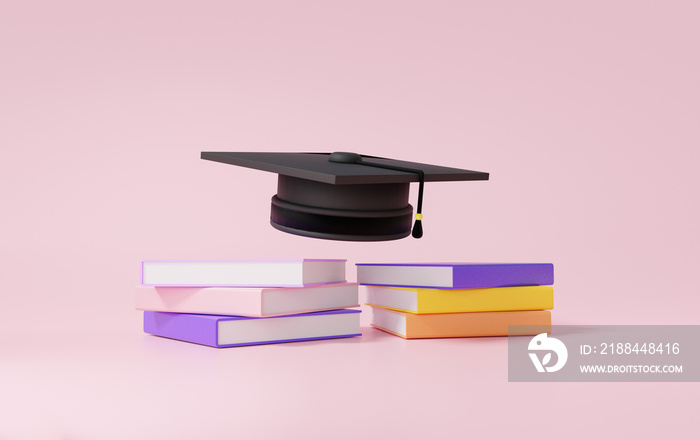 毕业帽漂浮在书上在线教育概念。横幅网站的粉色背景毕业生