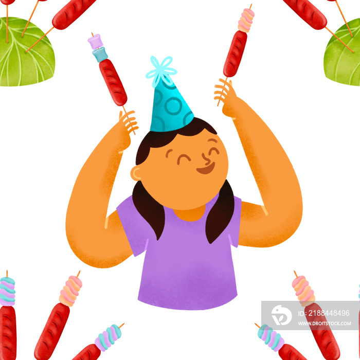 Filipino girl with party hat holding hotdog marshmallow sticks and hotdog sticks stuck on cabbage il