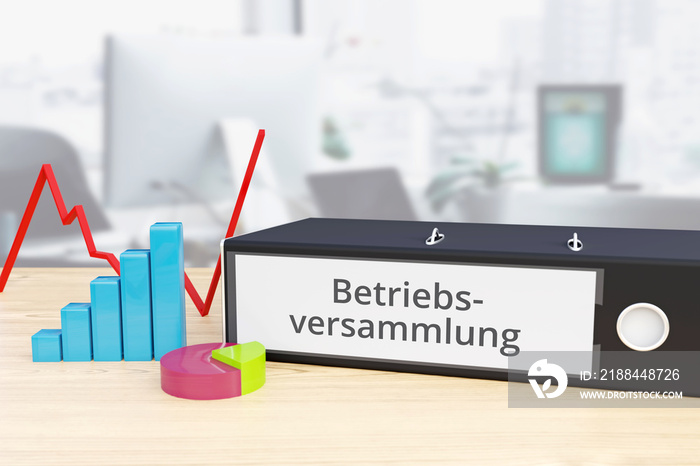 Betriebsversammlung – Finanzen/Wirtschaft. Ordner auf Schreibtisch mit Beschriftung neben Diagrammen