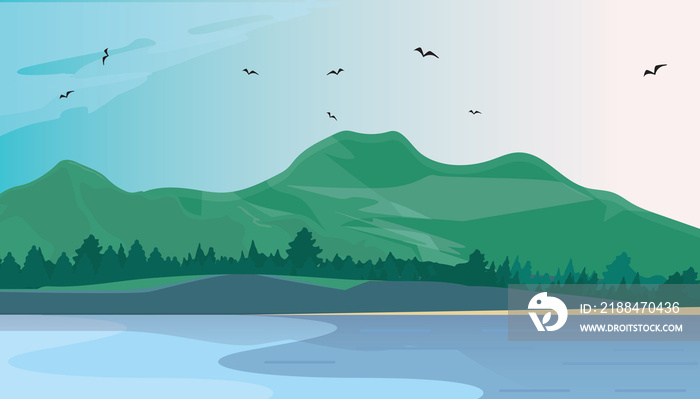 Flat Vector Mountain Landscape Near The Lake. Flat Vector Illustration. Flat Design Background. Web 