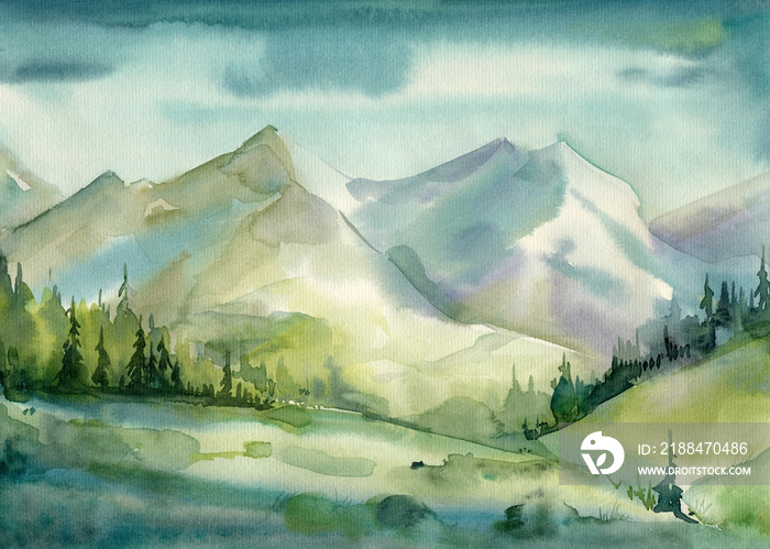 Watercolor painting landscape, mountains in fog