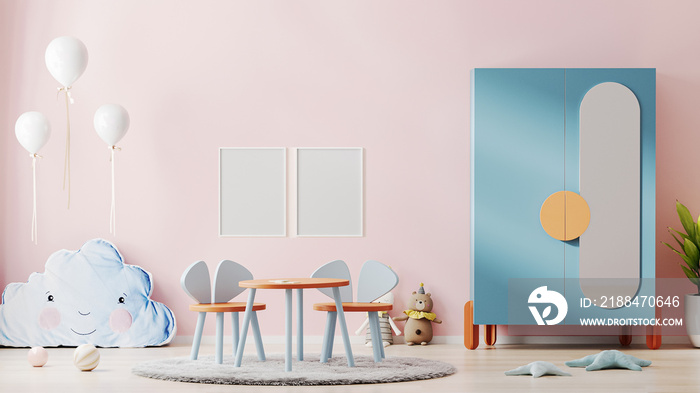 Blank poster frames mock up in beautiful children room interior with pink wall, colorful furniture a