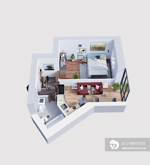 现代一居室公寓的三维渲染平面图和布局，等距