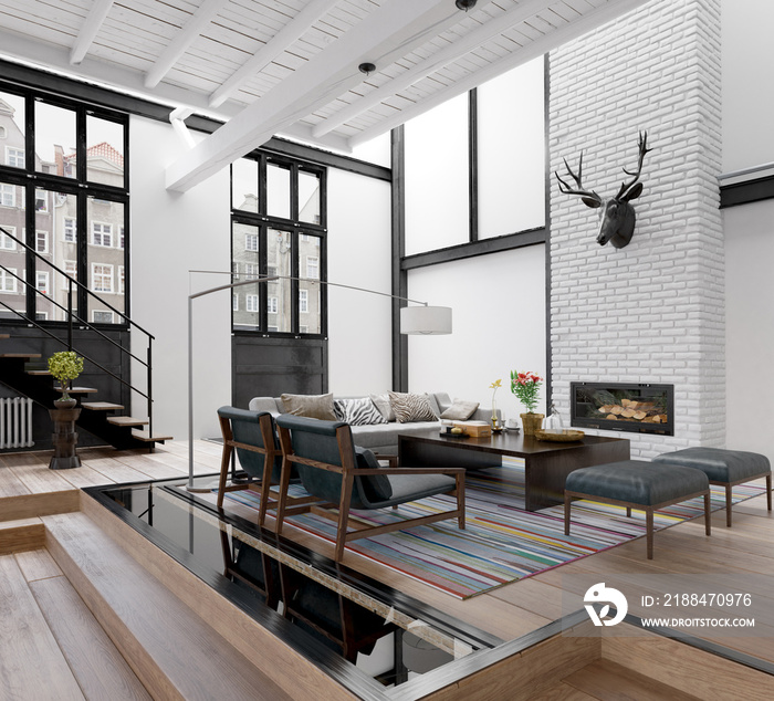 Living room in loft apartment, 3d render