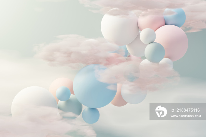 粉彩球、肥皂泡、漂浮在空中的水滴、蓬松的云朵和海洋的3d渲染