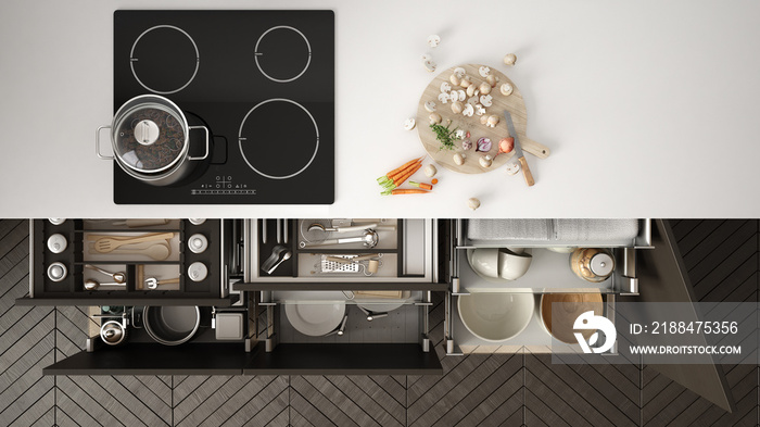 现代厨房俯视图，开放式抽屉和带烹饪锅的炉灶，极简主义室内设计