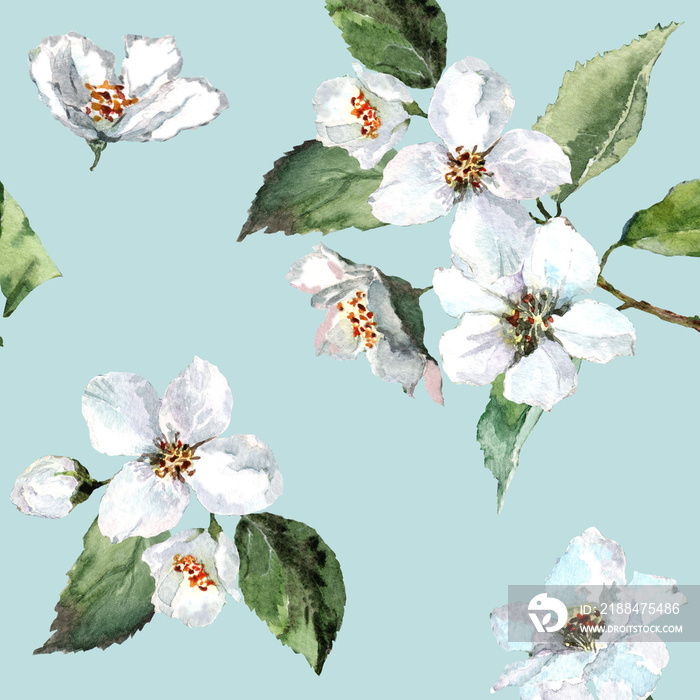 Seamless pattern with blooming flowers of jasmine, cherry on the branches with buds and green leaves