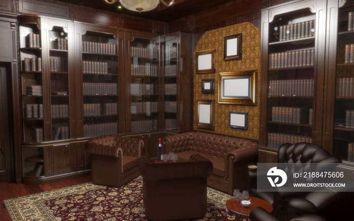 cigar room, smoking lounge, interior visualization, 3D illustration