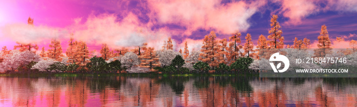 Blooming garden over the water, blooming park at sunset on the river, flowering trees over the lake,