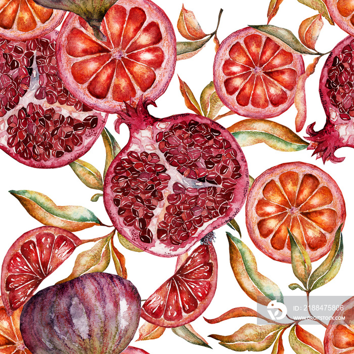 Beautiful watercolor seamless pattern with fruits and flowers of pomegranate