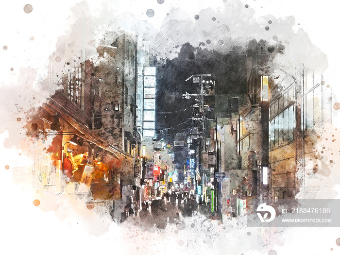 日本大阪抽象多彩的城市景观建筑和步行街水彩插图pa